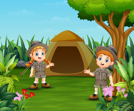 Cartoon kids and a tent for camping out in the beautiful parkのイラスト素材