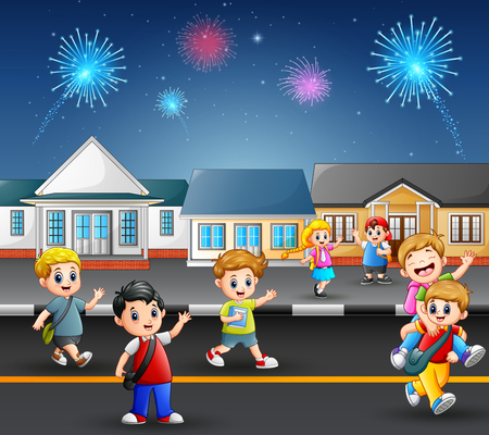 Happy school children playing in the street of a suburban neighborhoodのイラスト素材