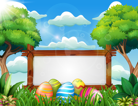 Easter background with blank sign board and decorated eggのイラスト素材