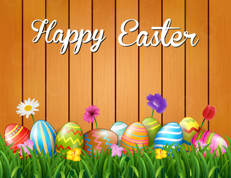 Happy Easter with flowers and colored eggs in the grass on the wood backgroundのイラスト素材