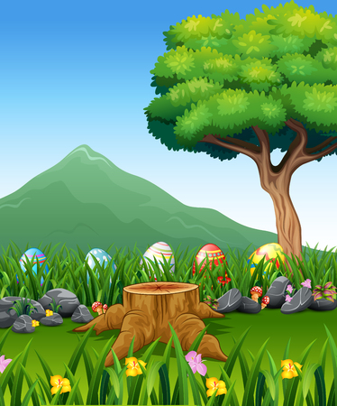Colorful Easter eggs on green grass with beautiful landscapeのイラスト素材