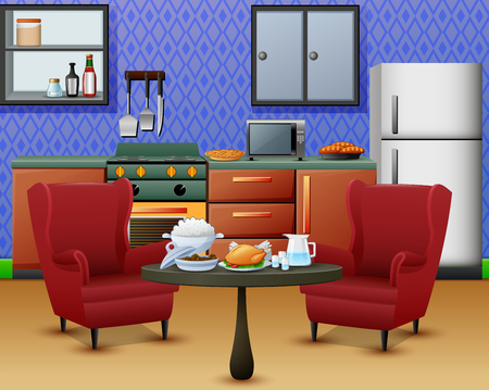 Cozy kitchen interior with furniture and set of dining tableのイラスト素材