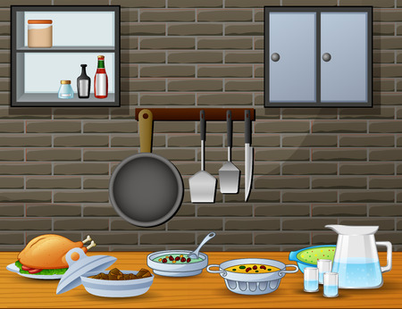 Cuisine on the dining table in the kitchenのイラスト素材
