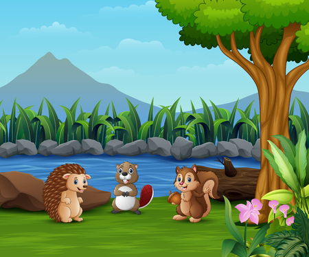 Small animal playing by the riverのイラスト素材