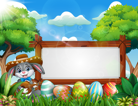 Easter bunny playing guitar near blank sign and easter eggのイラスト素材