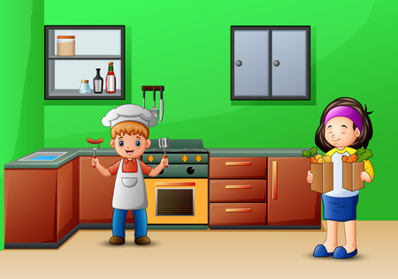 Happy cooking with sister and brotherのイラスト素材