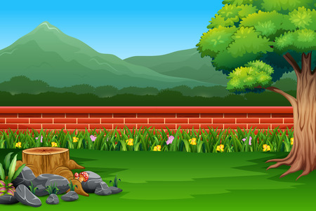 Red brick wall on the nature with mountain backgroundのイラスト素材