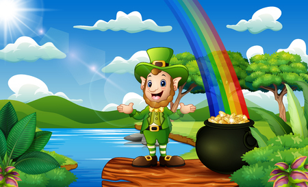 Leprechaun man with coin pot and hat on nature backgroundのイラスト素材