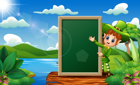 Leprechaun girl with a chalkboard sign on the natureのイラスト素材
