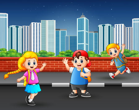 Children hanging out on the sidewalkのイラスト素材