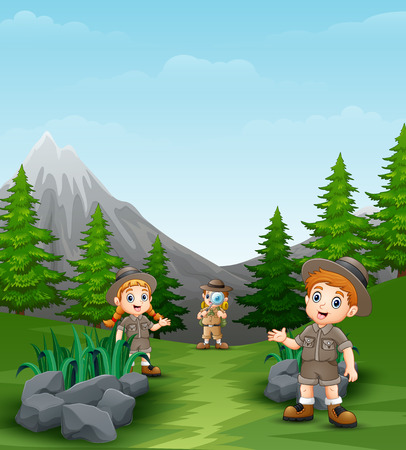 Happy explorer kids in the beautiful landscapeのイラスト素材