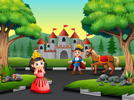 Cartoon prince and little princess on the road to the castleのイラスト素材