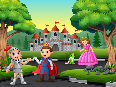 Knight with princess and prince on the road to the castleのイラスト素材