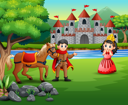 Cartoon prince and princess with a castle backgroundのイラスト素材