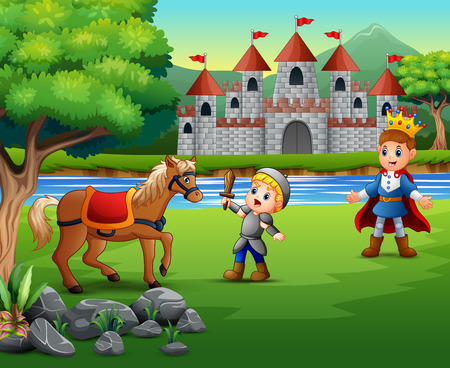 Little knight battling a horse to protect the princeのイラスト素材