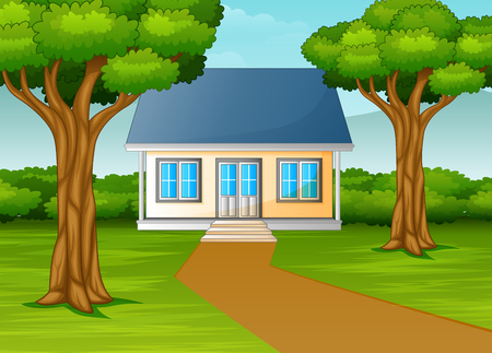 little house in beautiful village with green yardのイラスト素材