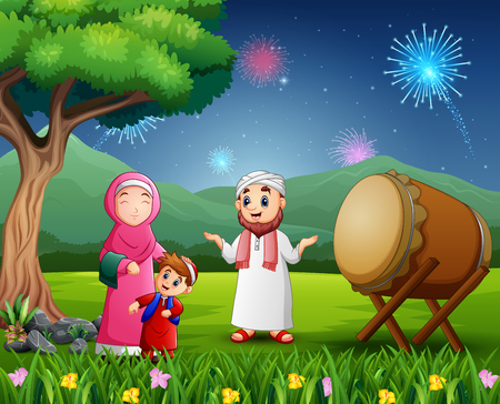 Happy Muslim family celebrating Eid festival on nature viewのイラスト素材