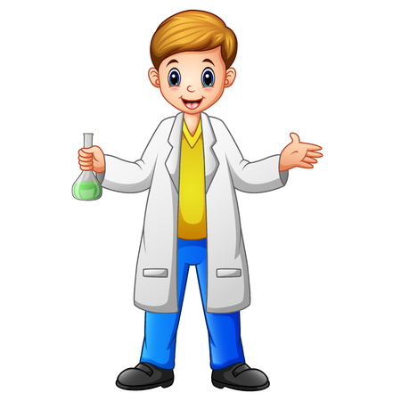 Cartoon boy scientist holding a test tube on white backgroundのイラスト素材