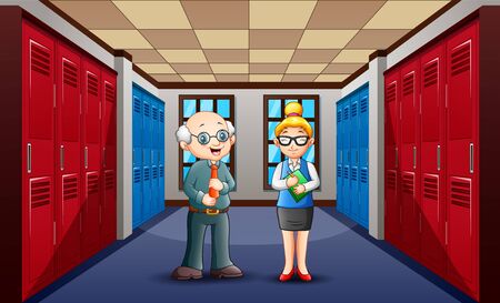 A male and female teacher talking in a school hallwayのイラスト素材