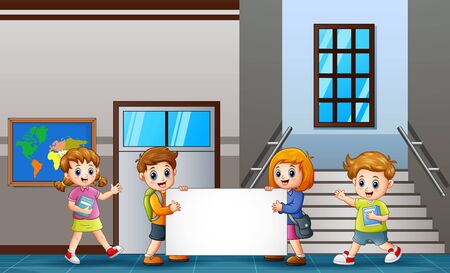 School children holding a blank sign in front the classroomのイラスト素材