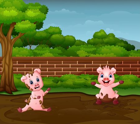 Little pigs playing mud in dirty puddleのイラスト素材
