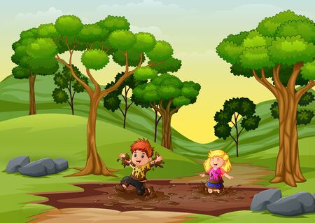 Happy kids playing a mud puddle in the natureのイラスト素材