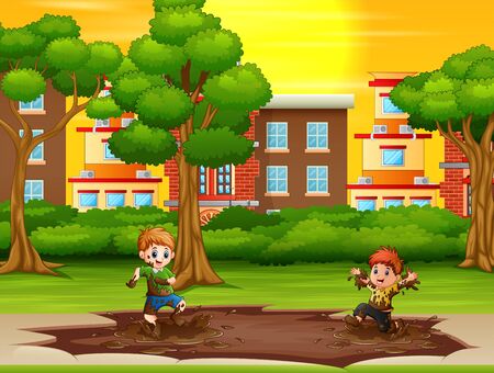 Children playing a mud puddle in the city parkのイラスト素材