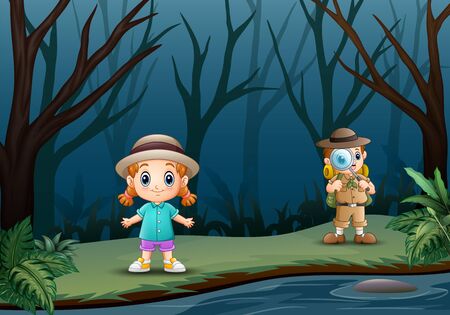 The explorer boy with a little girl at dry forestのイラスト素材