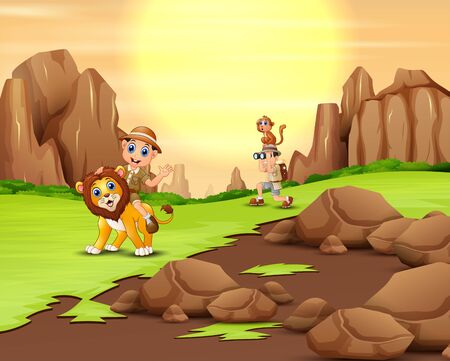 The explorer man with animals in the fieldのイラスト素材