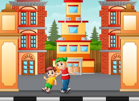 Illustration naughty boy disturb a child and scares himのイラスト素材