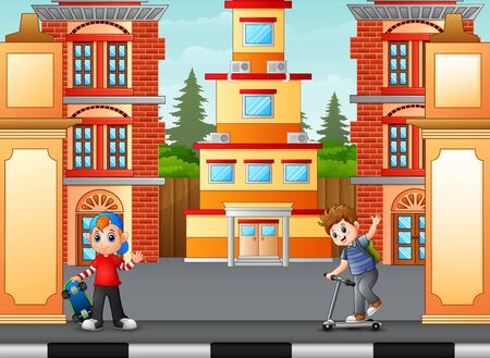 Boys playing on the sidewalkのイラスト素材
