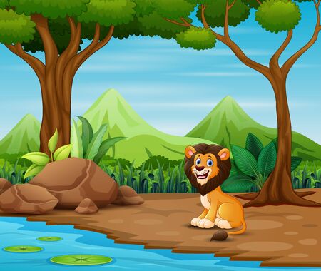 Scary lion cartoon living in the forestのイラスト素材