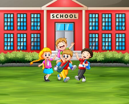 Back to school concept the students with backpacks in front of School Buildingのイラスト素材