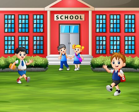 Back to school concept the students with backpacks in front of School Buildingのイラスト素材