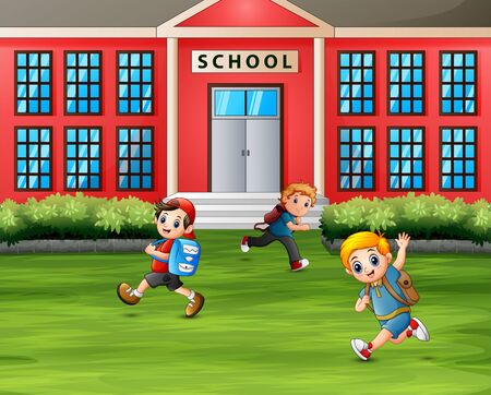Boys running in front of the schoolのイラスト素材