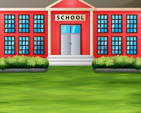 Cartoon a school building with green lawnのイラスト素材