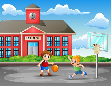 Two boys playing basketball at the courtのイラスト素材