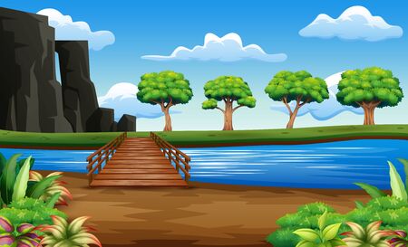 River and wooden bridge in a beautiful natureのイラスト素材
