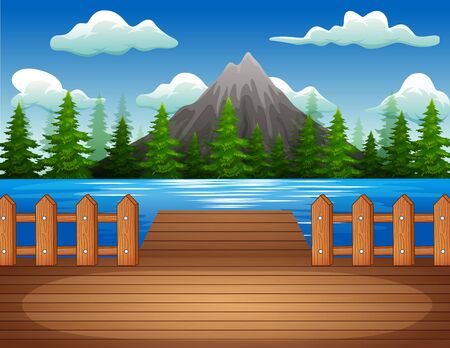 Wooden pier overlooking the lake and mountainのイラスト素材
