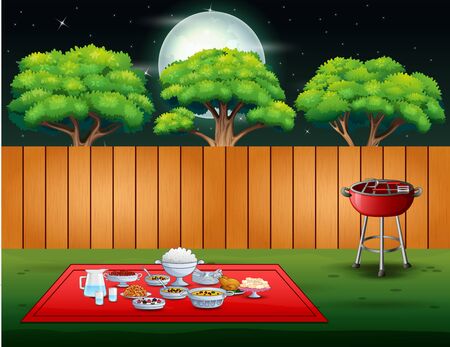 Barbecue party on backyard in the night sceneのイラスト素材