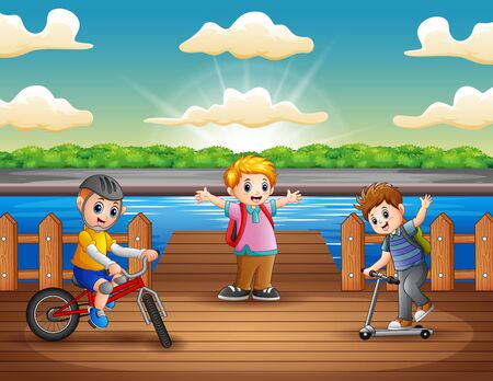 Happy boys playing in the riverのイラスト素材