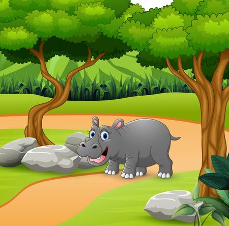 Hippo cartoon walking on the roadのイラスト素材