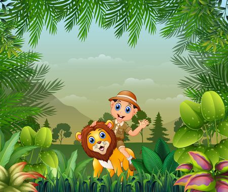 Jungle or zoo background with zookeeper and lionのイラスト素材