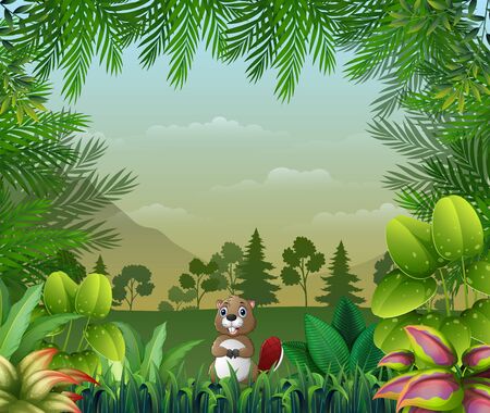Jungle themed background with a beaverのイラスト素材