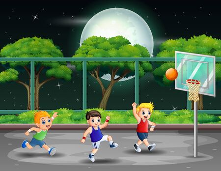 Happy boys playing basketball at the court in nightのイラスト素材