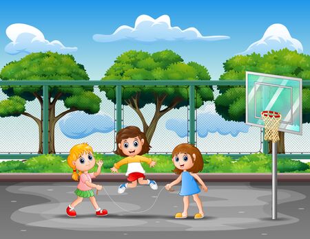 Girls playing jumping rope in the basketball courtのイラスト素材