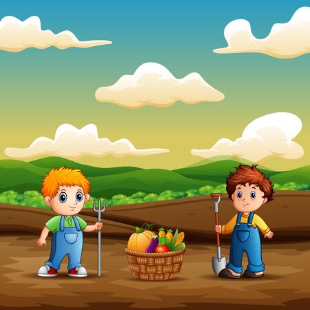 Happy boys harvest vegetable on agricultural landのイラスト素材
