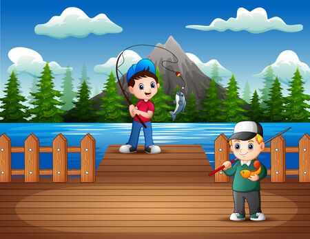 Happy boys fishing on the wooden pierのイラスト素材