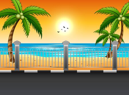 landscape of road at the beach in sunsetのイラスト素材