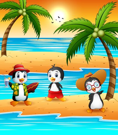 Cute cartoon penguins in summer holidayのイラスト素材